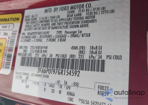 2016 Ford Fusion Se z USA, uszkodzony, nr VIN 3FA6P0T97GR154592